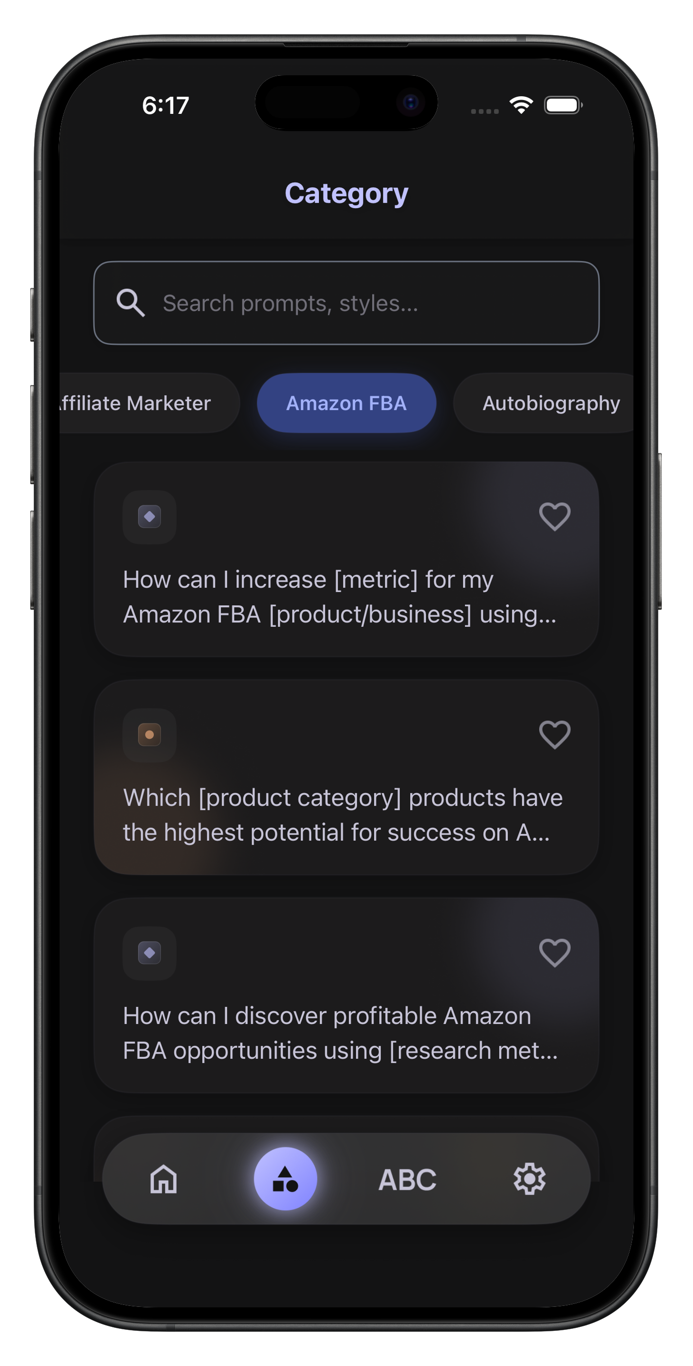 AI Prompt Dictionary category screen