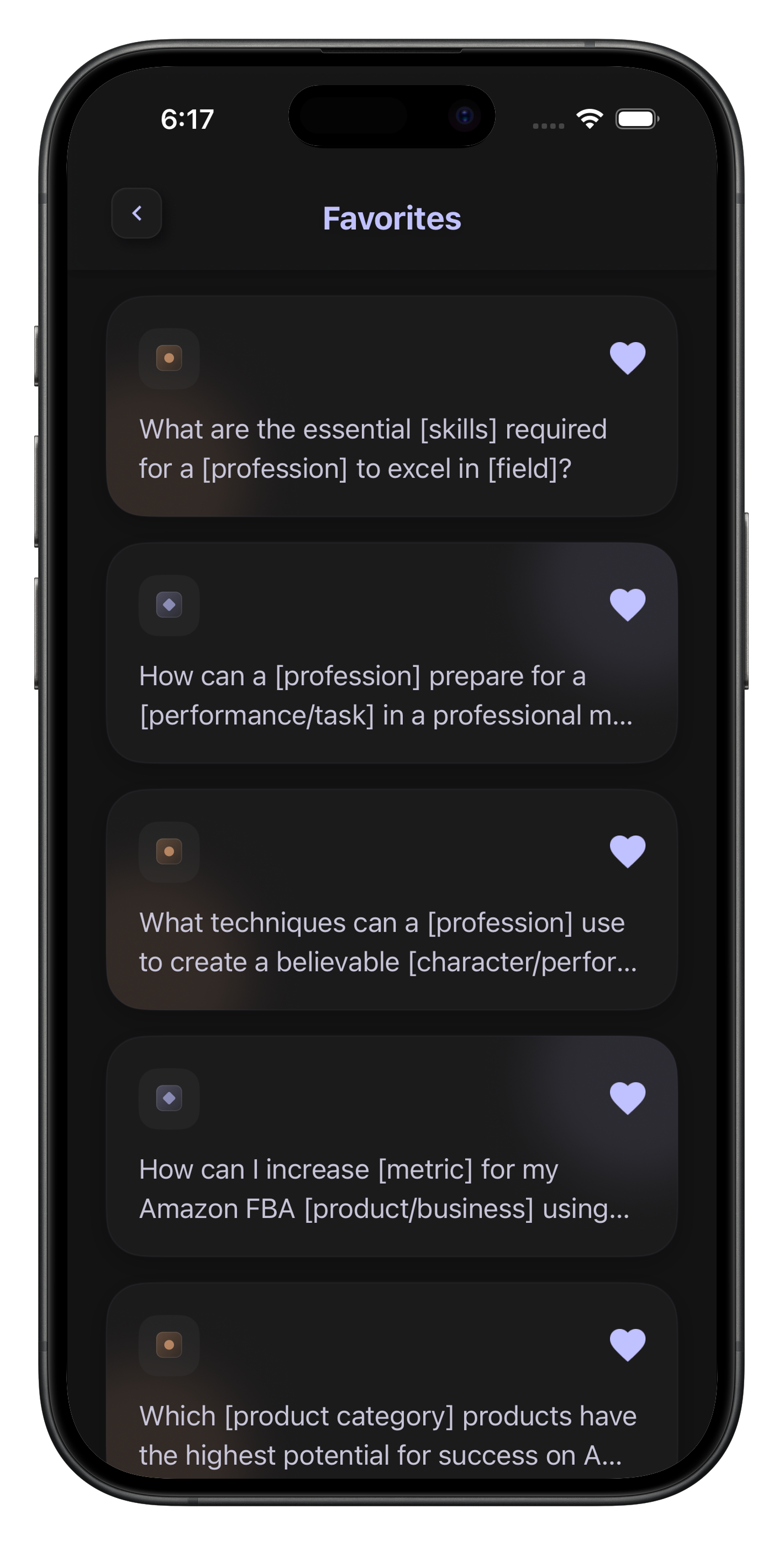 AI Prompt Dictionary favorites screen